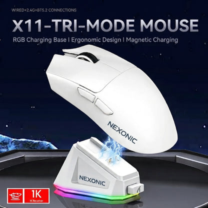 NEXONIC Lightweight Wireless Gaming Mouse with RGB Charging Dock,Tri-Mode-2.4G/USB-C Wired/BT,22K DPI for PC/Mac